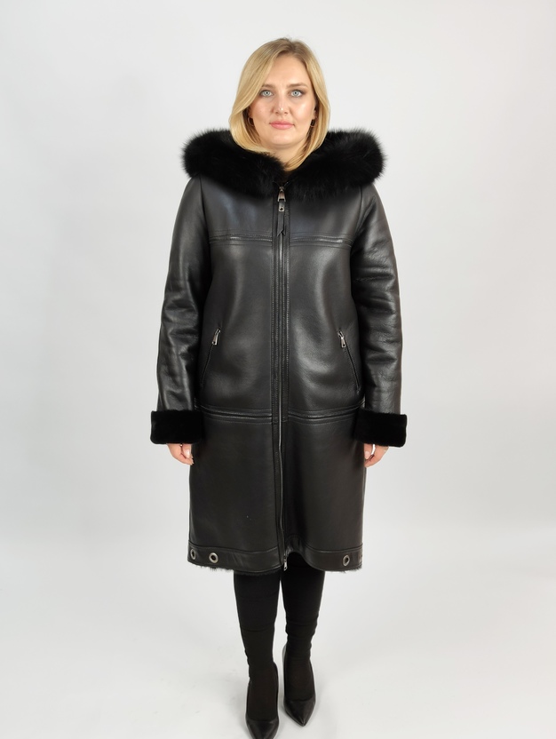 Дубленка натуральная из овчины с капюшоном. Отделка песец. — фото товара